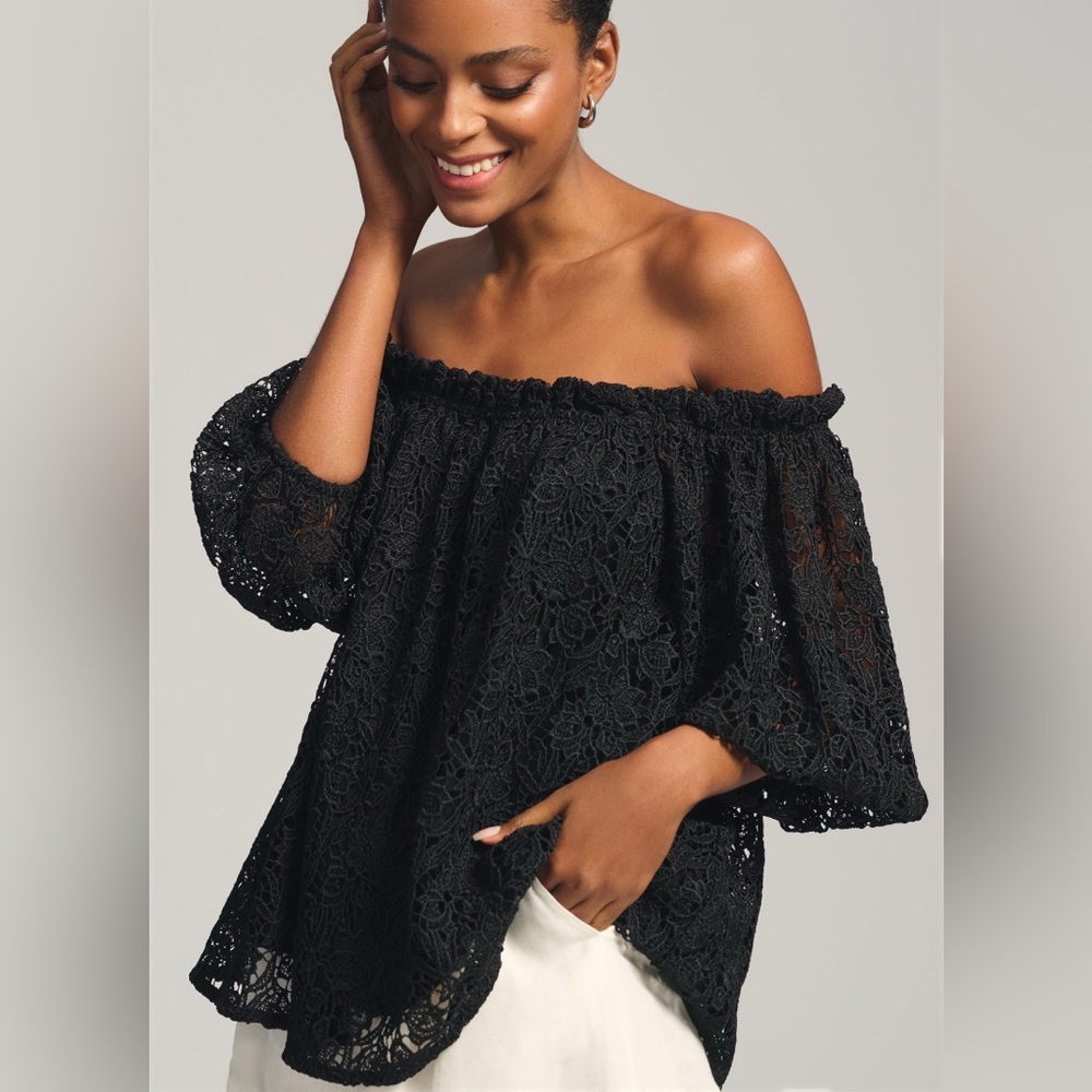 NWT Anthropologie Maeve Off-the-Shoulder Cutwork Top in Black